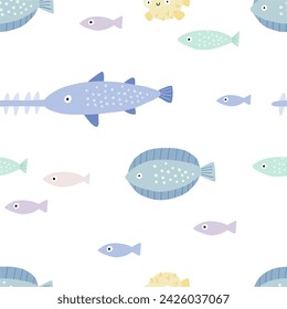 Cute cartoon undersea world. Deep Ocean or sea with fish, seashells, stars, aquatic plants. Vector seamless pattern	
