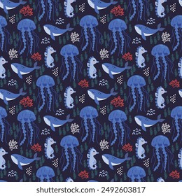 Cute cartoon undersea world. Deep Ocean or sea with fish, octopus, crab, whales, narwhals, seashells, stars, cramp-fish, aquatic plants. Childish seamless pattern underwater life