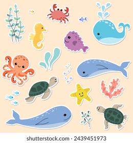 Cute cartoon underwater animals stickers pack. Hand drawn sea life elements for printing, poster, card, clothes.