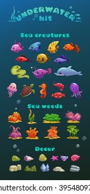 Cute cartoon underwater icons set, vector aquarium game ui assets