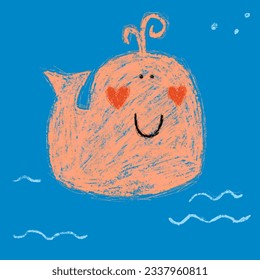 Cute cartoon underwater world. Deep ocean or sea with fish, crab, whales, stars, ship, aquatic plants. Vector illustration