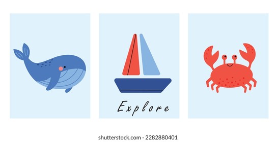 Cute cartoon underwater world. Whale, crab, sailing ship. Cartoon bohemian children's poster. Boho vector print for wall decor in children's bedroom. Vector illustration