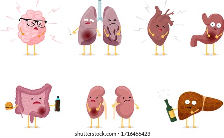 Cute cartoon unhealthy sick human internal organ character set with brain lung intestine heart kidney liver and stomach mascots. Vector disease anatomy isolated eps illustration