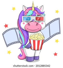 Cute cartoon unicorn in 3d cinema glasses holds popcorn. Vector illustration on a white background with filmstrip and stars.