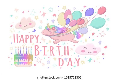 Cute cartoon UNICORN with air ballons and two clouds with happy face illustration for birthday card template