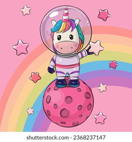 Cute Cartoon Unicorn astronaut on the moon on a pink space background