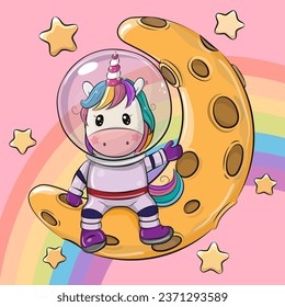  Cute Cartoon Unicorn astronaut on the moon on a pink space background