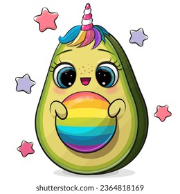 Cute Cartoon Unicorn Avocado with rainbow bone isolated on a white background