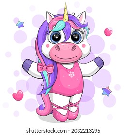 Cute cartoon unicorn ballerina dancing in ballet shoes. Vector illustration of an animal in pink.