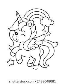 Cute cartoon unicorn with beautuful rainbow coloring page illustration