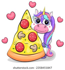 Cute cartoon unicorn with a big piece of pizza. Vector illustration of animal on a white background with red hearts.