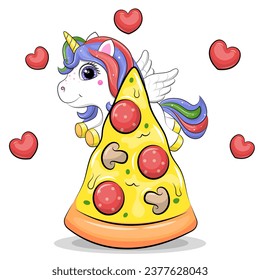 Cute cartoon unicorn with a big piece of pizza. Vector illustration of animal on a white background with red hearts.