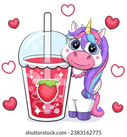 Cute cartoon cute unicorn with a big strawberry drink. Vector illustration of an animal and a cup of red water on a white background with red hearts.