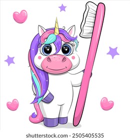 Un lindo unicornio de dibujos animados con un cepillo de dientes grande. Ilustración vectorial de un animal sobre un fondo blanco con estrellas y corazones rosados.