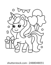 Cute cartoon unicorn birthday coloring page illustration