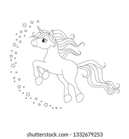 Cute cartoon unicorn. Black and white vector illustration for coloring book.