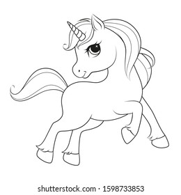 Cute cartoon unicorn. Black and white vector illustration for coloring book.