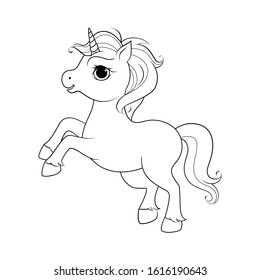 Cute cartoon unicorn. Black and white vector illustration for coloring book.