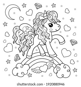 Cute cartoon unicorn. Black and white linear drawing. For the design of coloring books, prints, posters, tattoos, stickers, cards. Vector