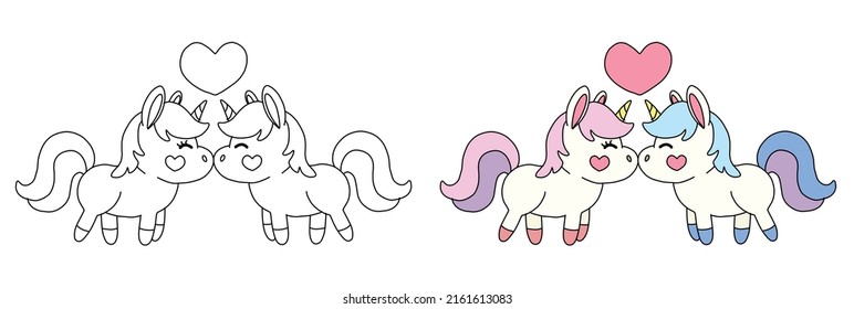 Cute Cartoon Unicorn. Schwarz-Weiß-Vektorgrafik für das Farbbuch. Farbseite des süßen Einhorns.