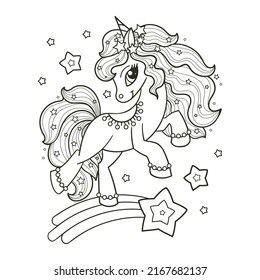 Cute cartoon unicorn. Black and white contour line drawing. For the design of coloring books prints, posters, stickers, postcards and so on. Vector