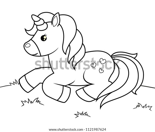 Cute cartoon unicorn. Black  and white vector\
illustration for coloring\
book