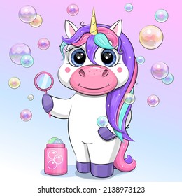 Cute cartoon unicorn blowing bubbles. Vector illustration of an animal on a colorful background.