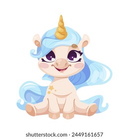 A cute cartoon unicorn with blue hair and golden horn, vector illustration, isolated on white, concept of magical creatures. Vector illustration