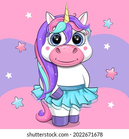 Cute cartoon unicorn in a blue skirt. Vector illustration of an animal on a pink and purple background with stars.