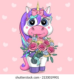 Cute cartoon unicorn with a bouquet of flowers. Vector illustration of an animal on a pink background with hearts.