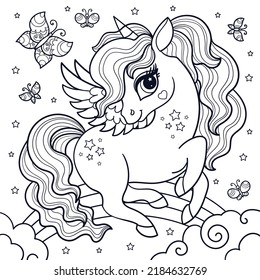 Cute cartoon unicorn with butterflies on the rainbow. Black and white linear drawing. For children's design of coloring books, prints, posters, cards, stickers and so on. Vector