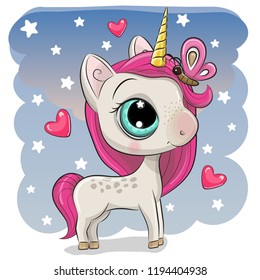 Cute Cartoon Unicorn with butterfly on a stars background