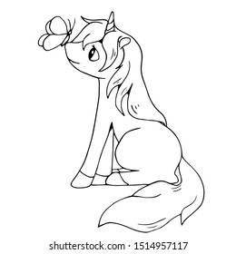 Cute cartoon unicorn with a butterfly on its nose. Isolated object on white background. White and black vector illustrations for coloring book.