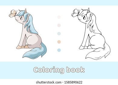 Cute cartoon unicorn with a butterfly on its nose. White and black vector illustrations for coloring book with sample.