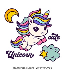 Cute Cartoon Unicorn Card with Moon Poster Isolated On A White Unicorn Rainbow Kids Animal Vector