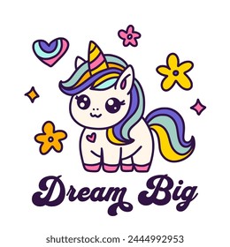 Cute Cartoon Unicorn Card Poster Isolated On A White Unicorn Rainbow Kids Animal, Vector Dream Big.