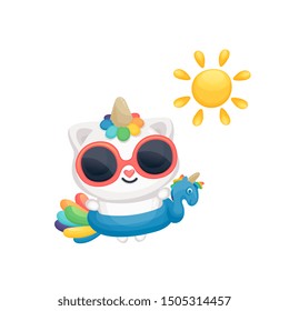 Cute cartoon unicorn cat going swimming in the sun. White magic pet with rainbow horn and tail wearing sunglasses and inflatable pool ring around the waist - isolated hand drawn vector illustration