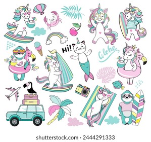 Cute cartoon unicorn, cat mermaid and summer items on a white background. Vector illustration