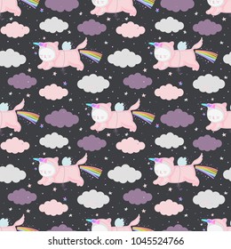 Cute cartoon unicorn cats in the night sky, seamless pattern. Vector background with funny animals. Can be used for kids design, textile, fabric, wallpaper, postcards.