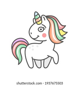 Cute Cartoon Unicorn Character Icon on White Background. Vector