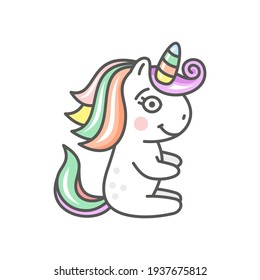 Cute Cartoon Unicorn Character Icon on White Background. Vector