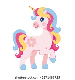 Cute cartoon unicorn character. Isolated fairy tale illustration in flat style. 