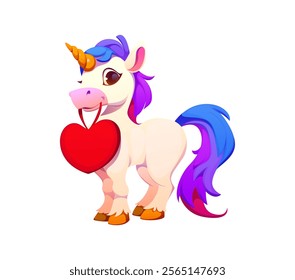 Cute cartoon unicorn character with a rainbow mane and tail holds a red heart in its mouth, symbolizing love and kindness for valentine day holiday. Vector sweet and cheerful magical fantasy personage