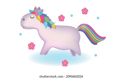 Cute cartoon unicorn character. Vector 3d illustration