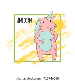 Cute cartoon unicorn character, vector illustration in simple style. Isolated on white background.