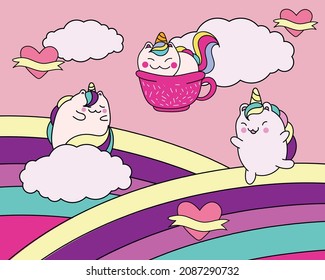 Cute Cartoon Unicorn Characters. Poster with magical animals, rainbows, clouds and hearts. Design element for printing on fabric and decorating wall in children room. Cartoon flat vector illustration