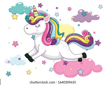 Cute Cartoon Unicorn Characters. Star and rainbow colorful. Vector art illustration with happy animal cartoon