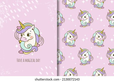 Cute cartoon unicorn clipart card   seamless pattern