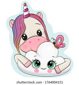 Cute Cartoon Unicorn with cloud on a white background
