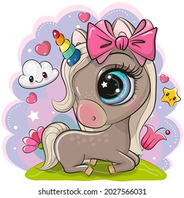 Cute Cartoon Unicorn with cloud and star on a meadow